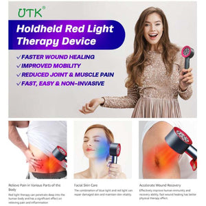 UTK handheld red light therapy device showing pain relief, facial care, and wound healing applications
