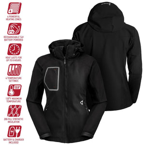 Gerbing black heated jacket with seven feature icons detailing heating zones battery life and temperature settings