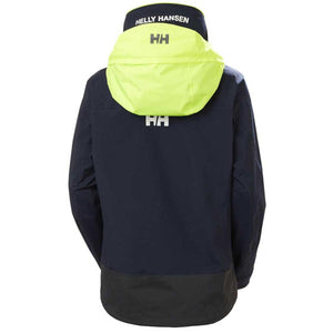 Back view of a navy Helly Hansen jacket with a high-visibility yellow hood and logo branding