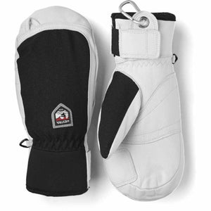Hestra white and black leather ski mittens with wrist straps and carabiner