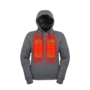 Grey hooded sweatshirt with two glowing red heated chest panels