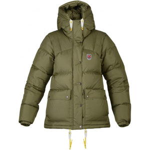 Olive green FjallRaven down parka with hood and front pockets
