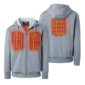 Venture Heat grey zip up hoodie showing front and back internal heating elements