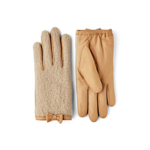 Hestra tan leather and beige wool gloves with a small bow detail