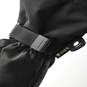 Hestra black glove wrist strap with Gore-Tex branding