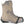 Black rubber ice traction cleat attached to a tan hiking boot