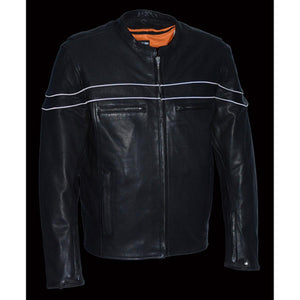 Milwaukee Leather black motorcycle jacket with white reflective piping and orange interior lining