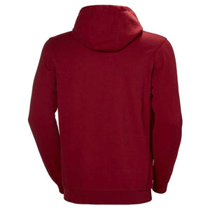 Back view of a Helly Hansen red hooded sweatshirt