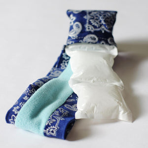 Oro Sports blue paisley fabric neck wrap with white gel ice pack insert