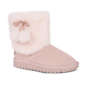 Cloud Nine Sheepskin pink suede boot with faux fur cuff and pom pom detail