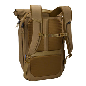 Back view of a tan Thule rolltop backpack showing padded shoulder straps and back panel