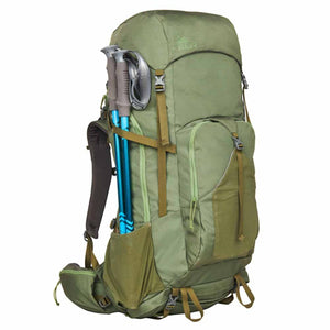Kelty olive green hiking backpack with two trekking poles stored in side pocket