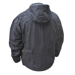 Back view of a black DeWalt hooded work jacket with a side pocket