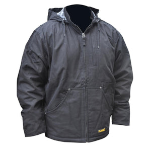 Black DeWalt hooded work jacket with front zipper and pockets