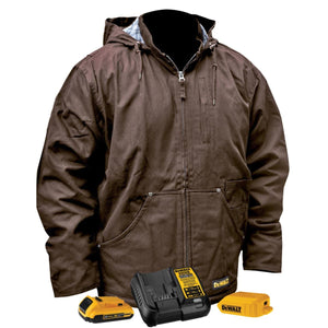 DeWalt brown hooded work jacket with battery charger and two batteries
