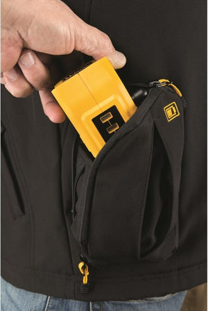 Hand placing a yellow DeWalt battery into a black jacket pocket