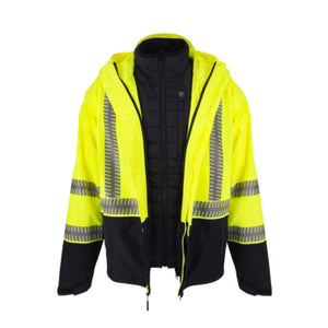 DeWalt high visibility yellow and black hooded safety jacket with reflective strips