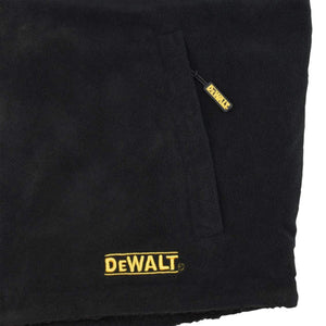 Black DeWalt fleece vest pocket with branded zipper pull