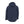Back view of a navy blue hooded winter jacket with a rear pocket and reflective piping