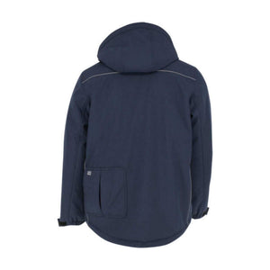 Back view of a navy blue hooded winter jacket with a rear pocket and reflective piping