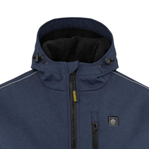 DeWalt navy blue hooded heated jacket with black fleece lining and power button on chest