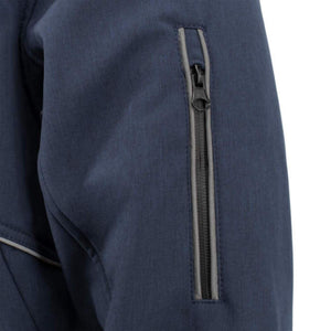 Close up of a blue jacket sleeve featuring a vertical zippered pocket with reflective trim