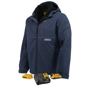 DeWalt navy blue heated jacket with battery charger and two batteries