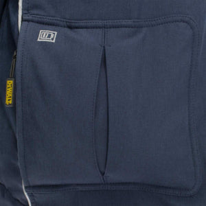 Close up of a blue Dewalt jacket pocket with a battery icon graphic
