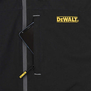 DeWalt black jacket chest pocket with smartphone and branded zipper pull