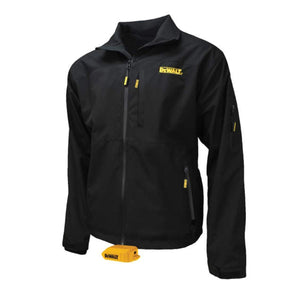 Black DeWalt heated softshell jacket with front zipper and battery pack