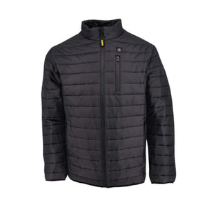 Black quilted puffer jacket with front zipper and chest pocket