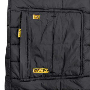 Black Dewalt heated vest pocket with battery icon and logo