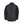 Back view of a black quilted jacket with a small yellow logo patch on the lower pocket