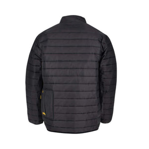 Back view of a black quilted jacket with a small yellow logo patch on the lower pocket