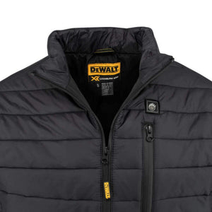 Black Dewalt heated jacket with power button on chest