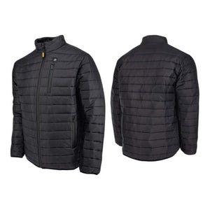 Front and back view of a black quilted heated jacket with a stand collar and zippered pockets