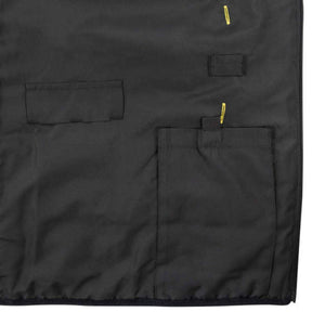 Black work vest featuring multiple utility pockets and yellow accent stitching