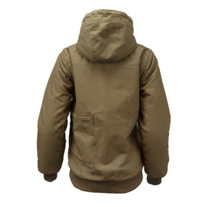 Back view of a tan DeWalt hooded work jacket with ribbed cuffs and hem