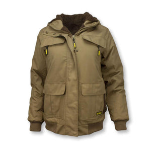 Tan DeWalt hooded work jacket with brown sherpa lining and front pockets