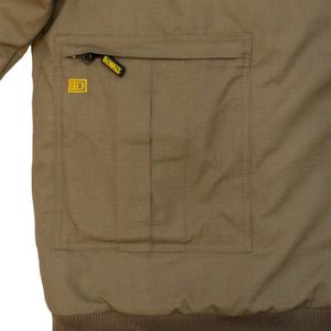 Tan DeWalt jacket pocket with battery icon and zippered closure