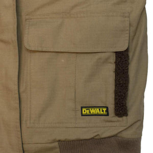 Tan DeWalt work jacket pocket detail with brown trim