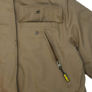 Tan DeWalt work jacket chest pocket with zipper and snap button closure