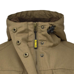 DeWalt tan hooded jacket with zipper closure and snap buttons