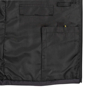 Interior view of black DeWalt work jacket showing storage pockets