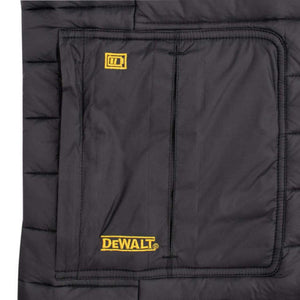 Black DeWalt heated vest pocket with yellow battery icon and logo