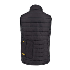 Back view of a black DeWalt quilted vest with a large pocket