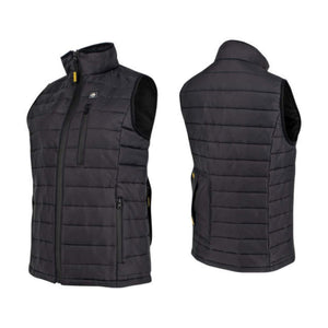 Front and back view of a black DeWalt heated vest with zippered pockets