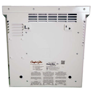 Back view of Comfort Glow wall heater with safety warning labels and mounting brackets