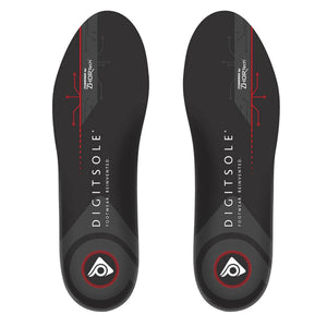 Pair of black Digitsole smart insoles with red circuit board graphics