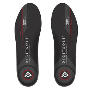 Pair of black Digitsole smart insoles with red circuit board graphics